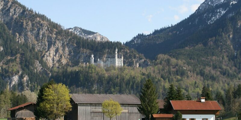 Eine entfernte Ansicht von Burg Neuschwanstein auf einem üppig bewaldeten Hügel mit Bergen im Hintergrund. Im Vordergrund befindet sich eine ländliche Szene mit einer Scheune, Bäumen und einem kleinen Haus mit rotem Dach inmitten eines grünen Feldes unter einem klaren blauen Himmel.