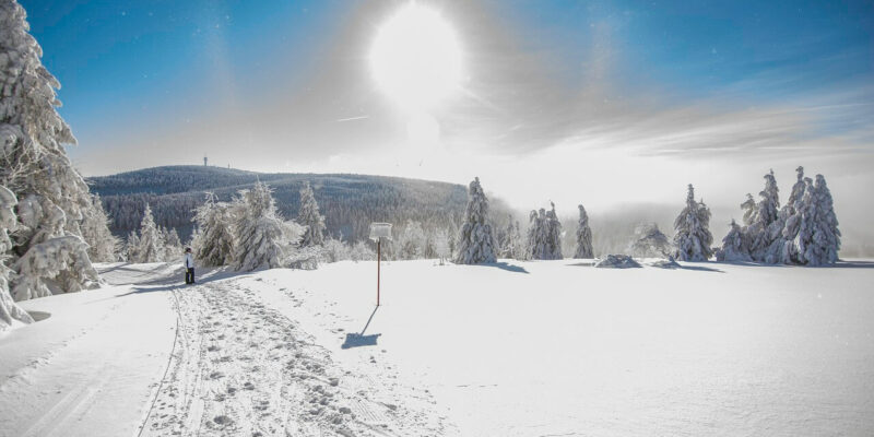 Eine schneebedeckte Landschaft erstreckt sich über Fichtelberg, über ihnen steht die Sonne. Der Himmel ist klar und blau, während schneebedeckte Bäume den Horizont säumen. Eine einzelne Person geht friedlich einen Pfad im Schnee entlang und genießt die heitere und ruhige Szenerie.