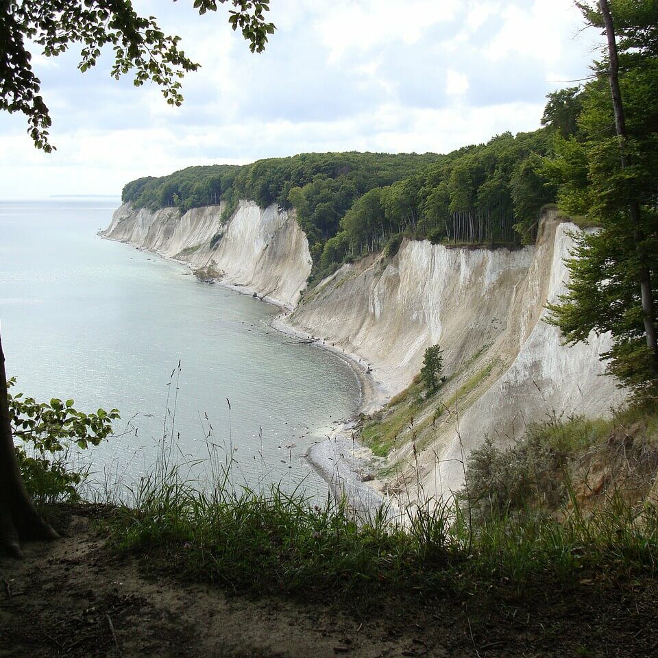 Ein malerischer Blick auf den Königsstuhl auf Rügen offenbart dramatische weiße Kreidefelsen entlang der Küste, gesäumt von üppigen grünen Wäldern. Diese majestätischen Klippen fallen unter einem teilweise bewölkten Himmel steil ins ruhige Meer ab, während Gras und Bäume den Vordergrund wunderschön einrahmen.