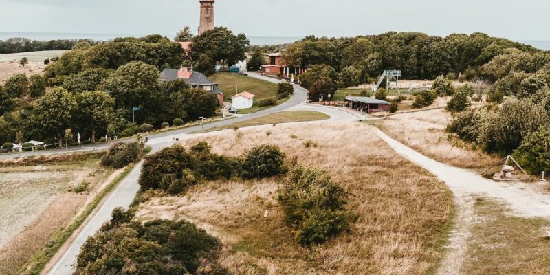 Leuchtturm auf Rügen Eine malerische Ansicht einer ländlichen Landschaft mit einer kurvenreichen Straße, die zu einem roten Leuchtturm führt, der von Bäumen umgeben ist. Im Vordergrund sind goldene Felder zu sehen, während der Himmel bedeckt ist, was eine heitere Atmosphäre schafft.