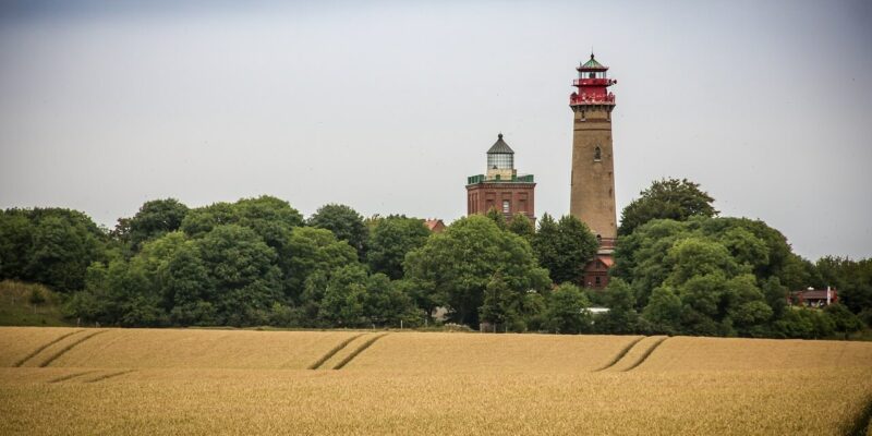 Schinkelturm Ein hoher Schinkelturm-Leuchtturm mit einer roten Spitze steht umgeben von grünen Bäumen. Vor dem Leuchtturm erstreckt sich ein weites Feld aus goldenem Weizen. Der Himmel ist bedeckt und schafft eine heitere und friedliche ländliche Landschaft.
