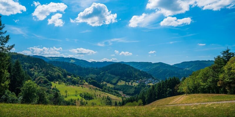 Eine malerische Landschaft mit sanften grünen Hügeln und vereinzelten Bäumen unter einem strahlend blauen Himmel mit flauschigen weißen Wolken. Ein kleines Dorf liegt eingebettet im Tal, umgeben von den bewaldeten Bergen des Nationalparks Schwarzwald.