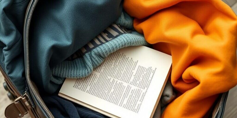 Eine Nahaufnahme einer gepackten Handgepäcktasche mit ordentlich gefalteter Kleidung und einem Buch.