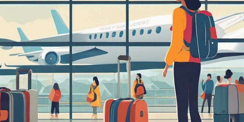 Eine Person steht am Flughafen mit einem kleinen Rucksack